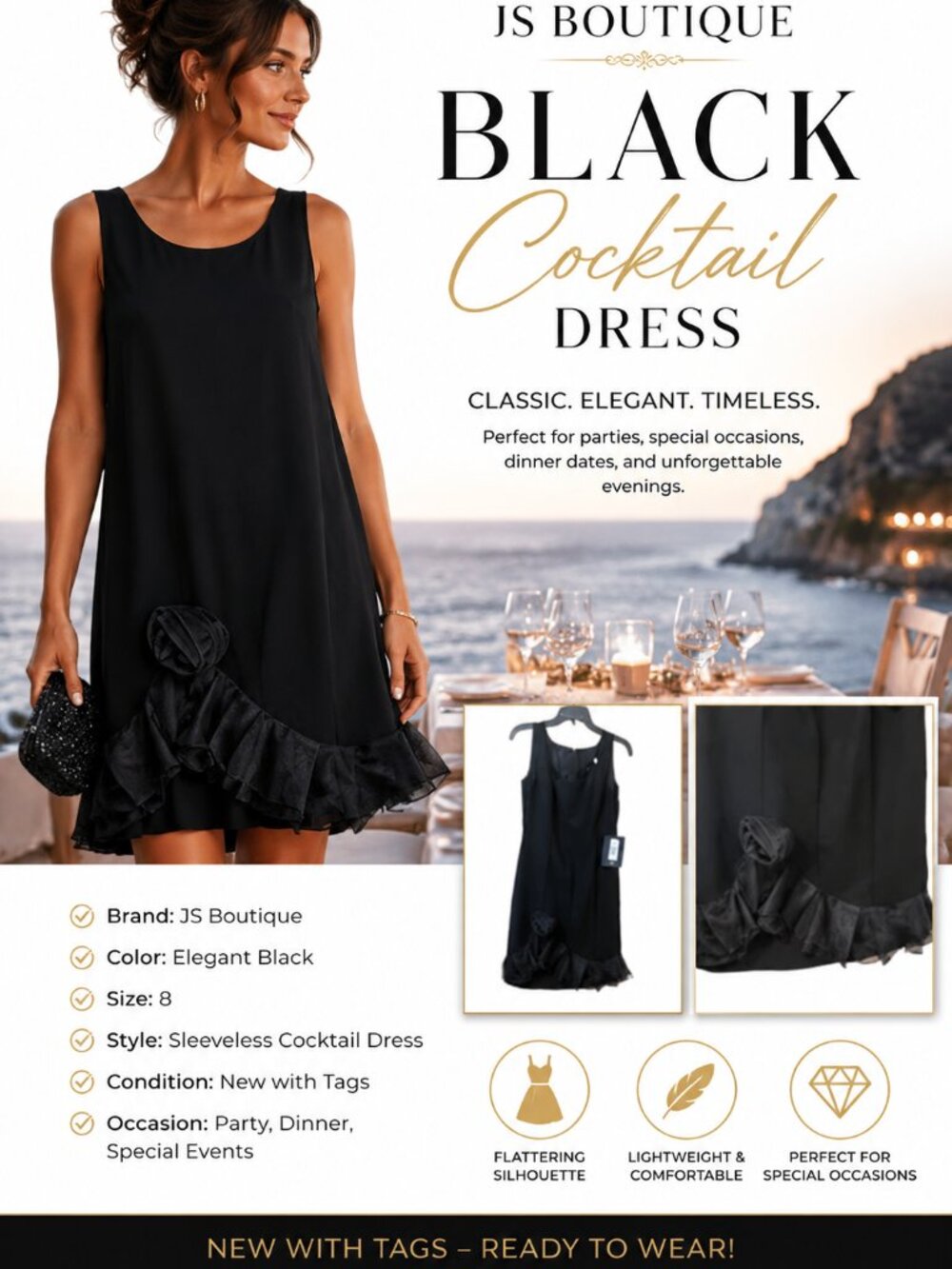 New JS Boutique Black Cocktail Party Dress Size 8 – Elegant Sleeveless Designer